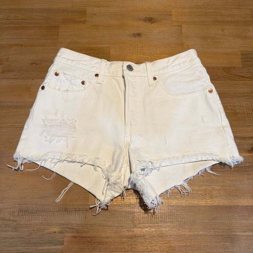Levi's 501 White Distressed High Rise Frayed Hem Denim Shorts W26